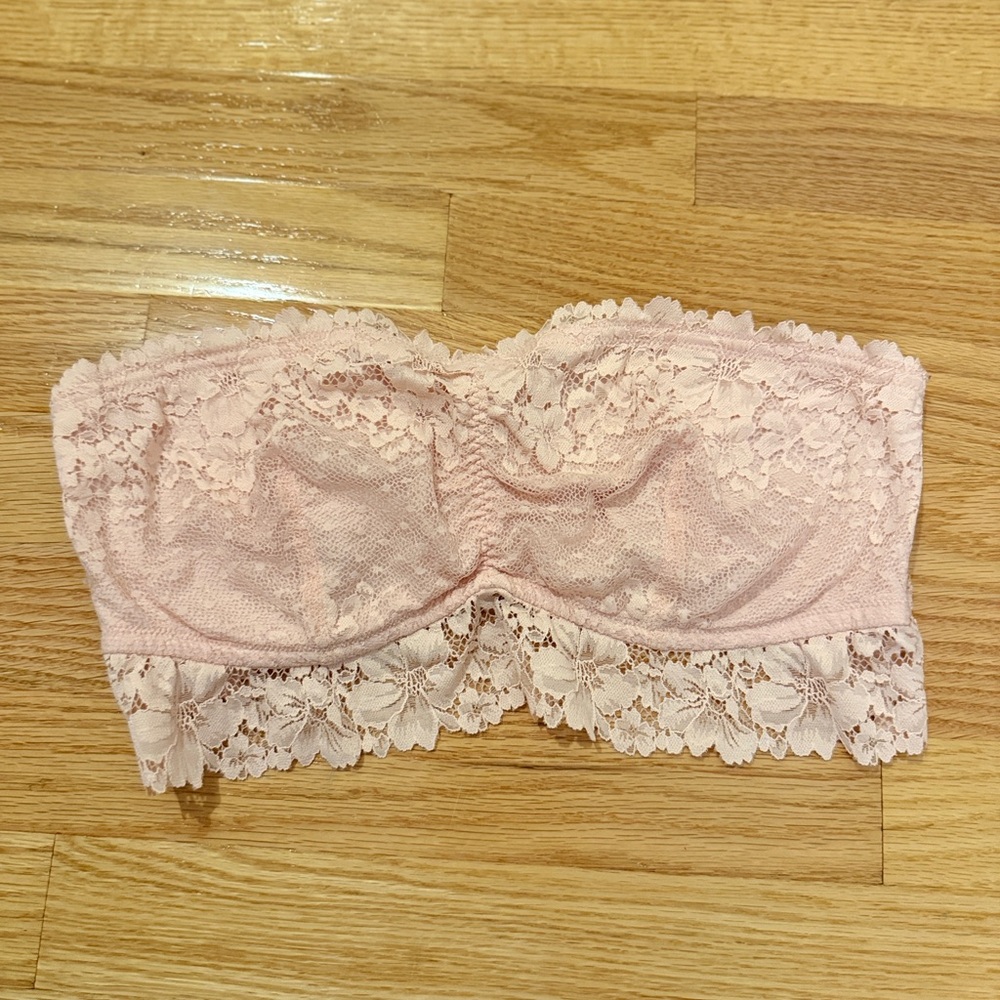 Pink Lace Bandeau Unlined Strapless Bra Bralette